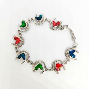 Mother Of Pearl Iridescent Silver Tone Horse Equestrian Charm Tennis Bracelet